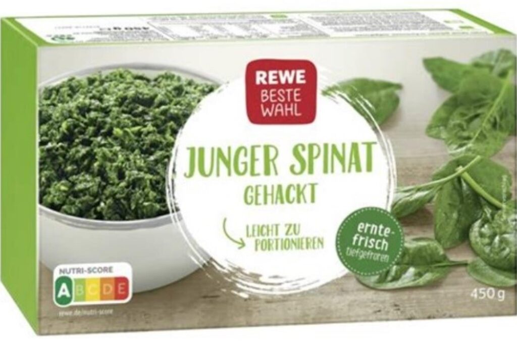Eine Packung des Tiefkühl-Spinates von Rewe Beste Wahl, der von einem Rückruf betroffen ist.