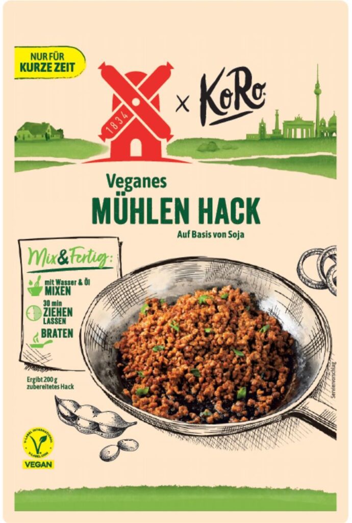 Eine Verpackung des veganen Mühlen-Hacks von Rügenwalder Mühle und KoRo, das von einem Rückruf betroffen ist. Eine Verpackung des veganen Mühlen-Hacks von Rügenwalder Mühle und KoRo, das von einem Rückruf betroffen ist.