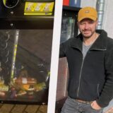 Eine Montage: links ein umgekippter Snack-Automat, rechts ein Mann.