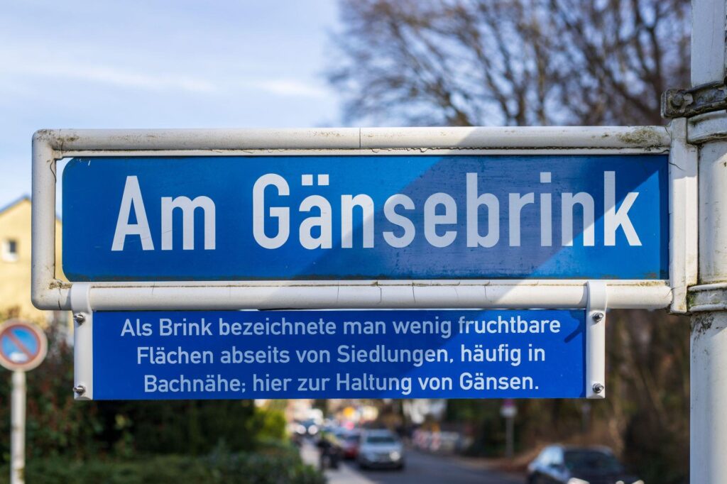 Das neue Legendenschild weist auf die Herkunft des namens Gänsebrink hin.