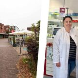 Ein Weg mit Backsteinhäusern und eine Apothekerin.