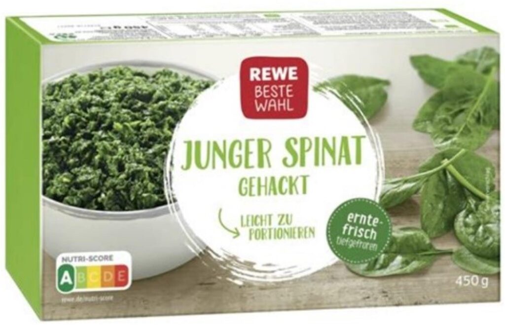 Eine Packung des Tiefkühl-Spinates von Rewe Beste Wahl, der von einem Rückruf betroffen ist.