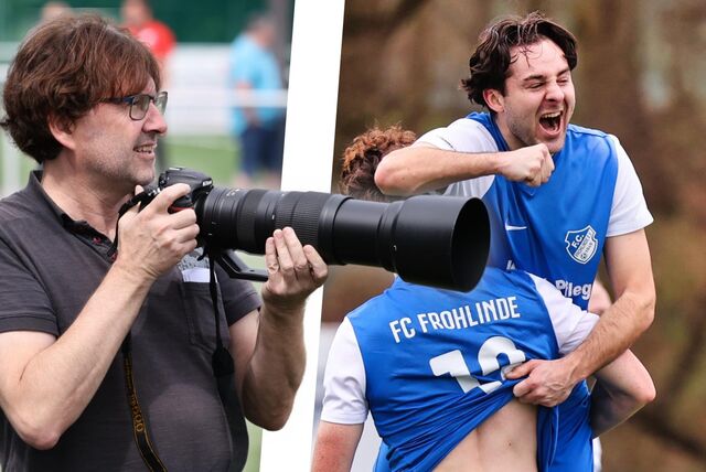 Fotograf Volker Engel (l) brachte viele Fotos vom Fußball, Handball und Korfball mit.