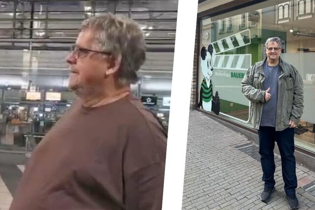 Eine Vorher-Nachher-Montage: Links ist Michael Gessner mit 157 Kilogramm am Flughafen zu sehen, rechts steht er mit nur noch 124 Kilogramm vor der Redaktion der Recklinghäuser Zeitung.