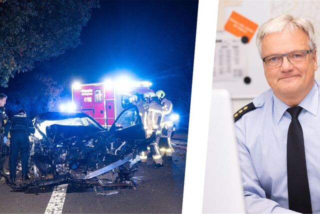 Montage zeigt einen Unfall im Oktober 2023 auf der Marler Straße in Recklinghausen und ein Porträt von Martin Kirchner, Leiter der Verkehrsdirektion im Polizeipräsidium Recklinghausen