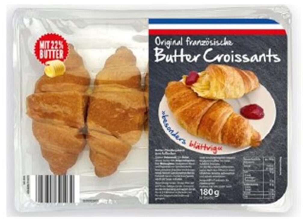 Eine Verpackung der Croissants von Aldente, die von einer aktuellen Rückrufaktion betroffen sind. Eine Verpackung der Croissants von Aldente, die von einer aktuellen Rückrufaktion betroffen sind.