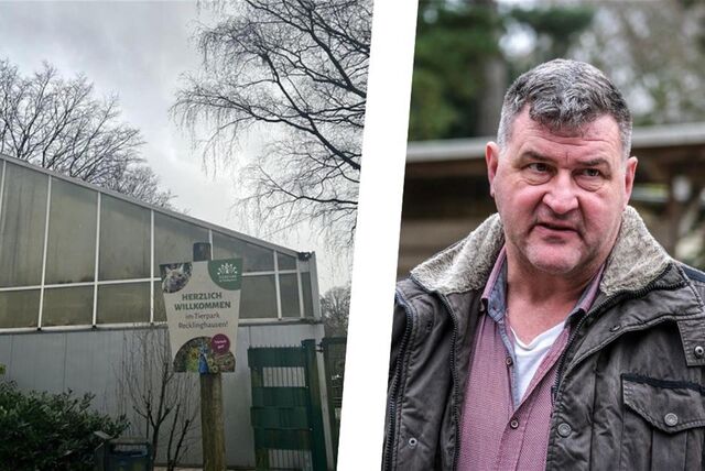 Montage zeigt das Vogelhaus im Tierpark Recklinghausen und Tierpark-Leiter Stefan Klinger.
