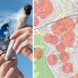Die Montage zeigte einen Ausschnitt der Bubbatzkarte mit Cannabis-Verbotszonen in Herten. Daneben ist ein Mann mit Sonnenbrille, der an einem Joint zieht.