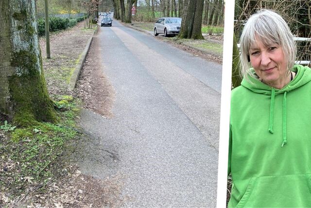 Die Montage zeigt eine durch Baumwurzeln hochgedrückte Straße und Sandra Baumann aus Recklinghausen.