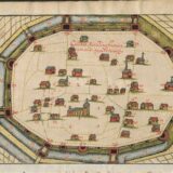 Collage von einer Stadtplan-Zeichnung von Recklinghausen und Georg Möllers, der diesen Stadtplan gefunden hat.