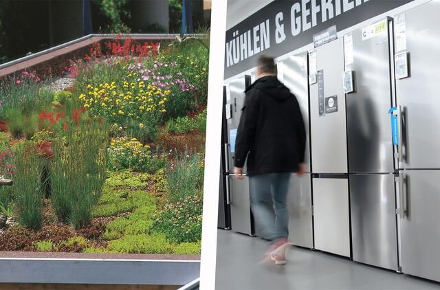 Fotomontage aus einer Dachbegrünung und einem Laden, in dem Kühlschränke stehen.