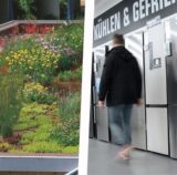 Fotomontage aus einer Dachbegrünung und einem Laden, in dem Kühlschränke stehen.