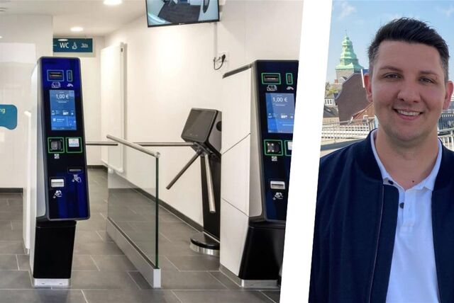 Gerrit Beckmann, Centermanager im Palais Vest in Recklinghausen, und einen Sanifair-Zugang zu einer Toilettenanlage.