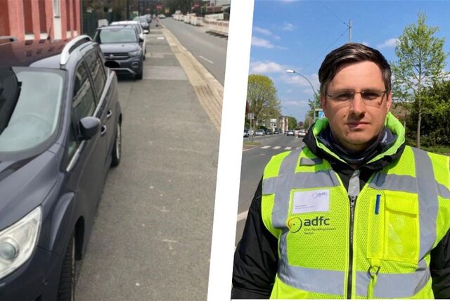 Eine Bild-Kombo zeigt Patrick Berner neben einem Bild von zugeparkten Rad- und Gehwegen an der Westerholter Straße in Herten-Langenbochum vom Frühjahr 2024.