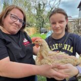 Irene Müller vom Verein „Rettet das Huhn“ überreicht Schülerin Sinja eines der geretteten Hühner. Den Tieren fehlen nicht nur häufig die Federn, auch die Schnäbel sind oft kaputt.
