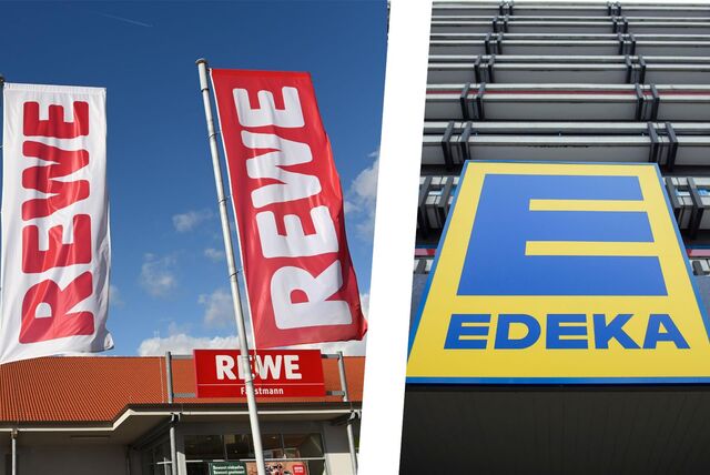 Eine Collage: Links wehen zwei Rewe-Flagen vor einer Rewe-Filiale, rechts ist das Logo von Edeka an einer Hauswand zu sehen.
