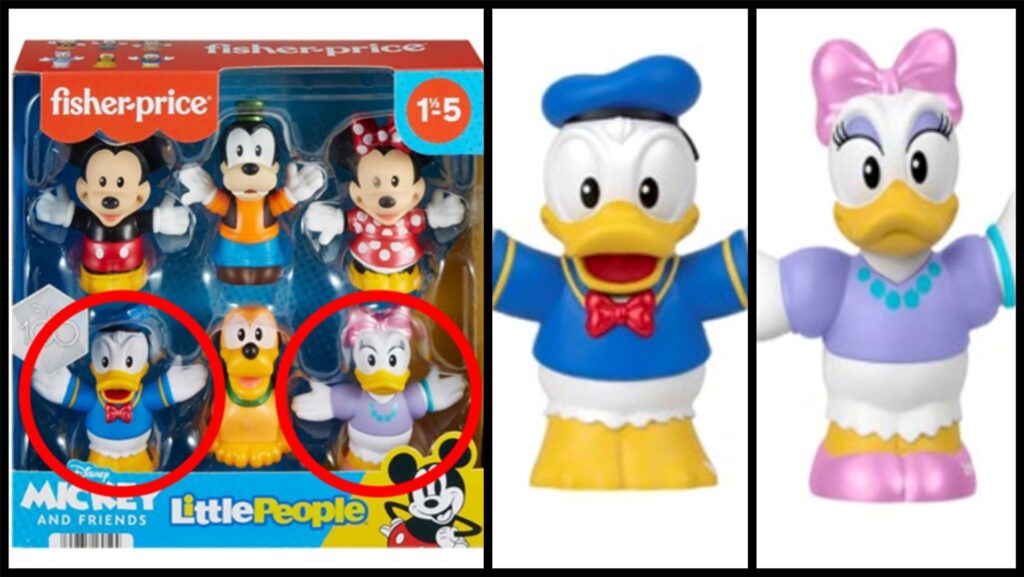 Eine Collage: Links ein Paket der Disney-Spielfiguren von Fisher-Price, für die es eine Rückrufaktion gibt, in der Mitte die zurückgerufene Figur von Donald Duck, rechts die zurückgerufene Figur von Daisy Duck. Eine Collage: Links ein Paket der Disney-Spielfiguren von Fisher-Price, für die es eine Rückrufaktion gibt, in der Mitte die zurückgerufene Figur von Donald Duck, rechts die zurückgerufene Figur von Daisy Duck.