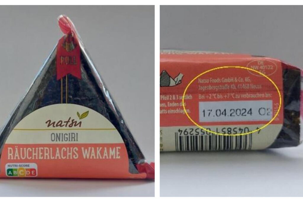 Eine Collage: Links ist ein Onigiri von Natsu zu sehen, für das es eine Rückrufaktion gibt. Rechts ist das Mindesthaltbarkeitsdatum auf der Unterseite der Verpackung in einem gelben Kreis markiert.