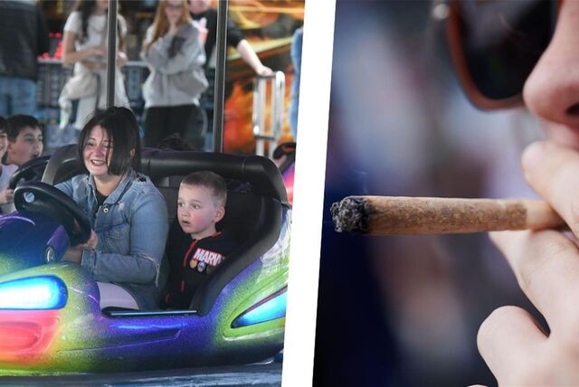 Collage: Eine Mutter und ihr Kind hat Spaß im Autoscooter auf der Frühjahrskirmes. Rechts: Ein Symbolbild zum Thema „Kiffen auf der Kirmes“.
