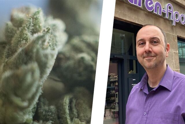 Die Montage zeigt links im Bild eine Marihuana-Blüte in einer Nahaufnahme und rechts Jan Forster vor seiner Bären-Apotheke in Recklinghausen.