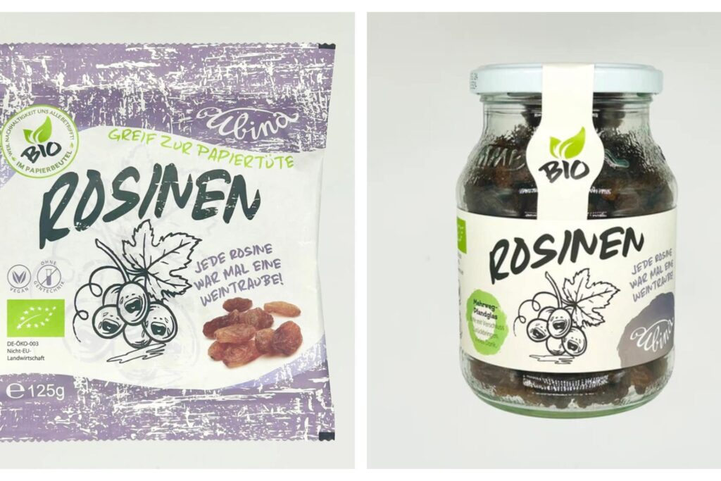 Eine Collage: Links ist ein Papierbeutel mit Bio-Rosinen von Ubina zu sehen, für den es eine aktuelle Rückrufaktion gibt. Rechts ist ein Glas mit Bio-Rosinen von Ubina zu sehen, das ebenfalls zurückgerufen wird.