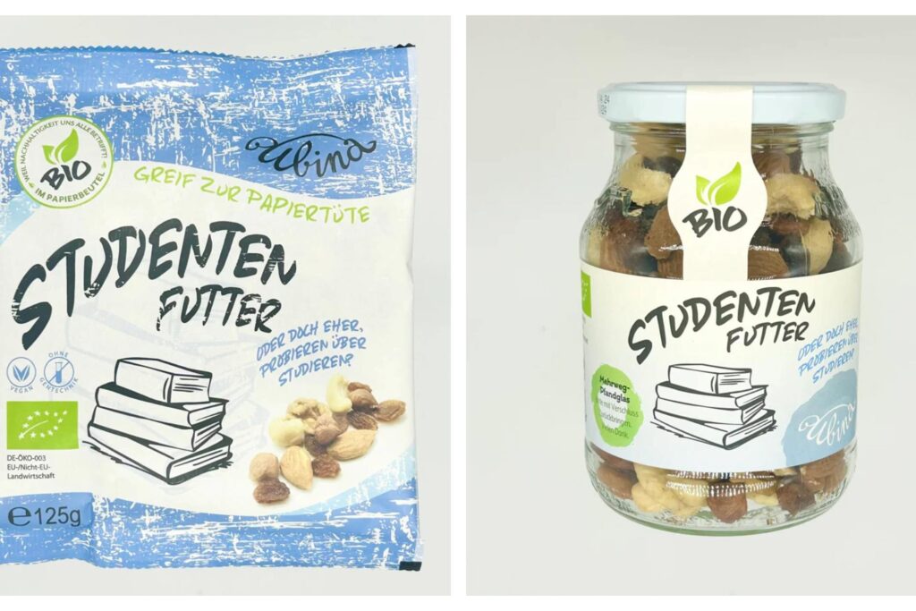 Eine Collage: Links ist ein Papierbeutel mit Bio-Studentenfutter von Ubina zu sehen, für den es eine aktuelle Rückrufaktion gibt. Rechts ist ein Glas mit Bio-Studentenfutter von Ubina zu sehen, das ebenfalls zurückgerufen wird.