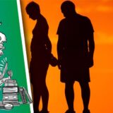Menschen vor der untergehenden Sonne.