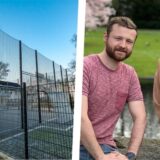 Die Montage zeigt ein eingezäuntes Sportfeld und Thorben Terwort und Maya Sommer von den Grünen in Recklinghausen.