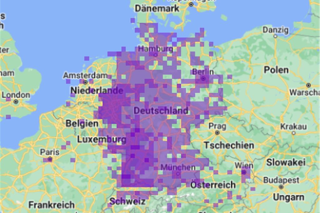 Ausschnitt einer Europa-Karte auf der Meldungen von Nosferatu-Spinnen eingezeichnet sind. Ausschnitt einer Europa-Karte auf der Meldungen von Nosferatu-Spinnen eingezeichnet sind.