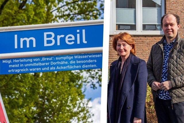 In Polsum erklärt ein neues Legendenschild der Marler Bürgerstiftung die Bedeutung des Straßennamens „Im Breil“.