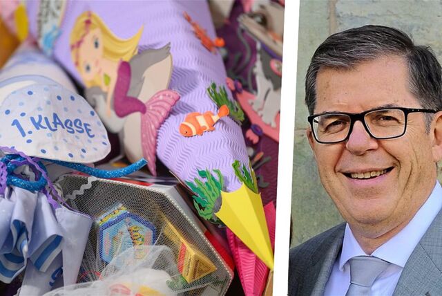 Die Montage zeigt Schultüten und Martin Gohrke von der Stadt Recklinghausen.
