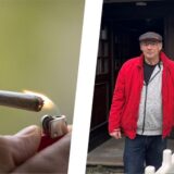 Die Montage zeigt links eine Person, die sich mit einem Feuerzeug einen Joint anzündet, rechts Ralf Teubner vor dem Eingangsbereich seines Murphy’s Irish Pub in Recklinghausen.