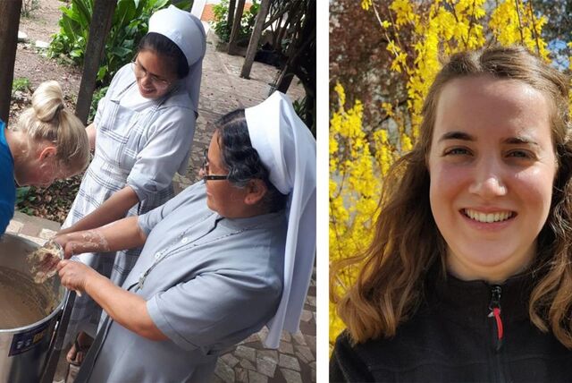 Links Nonnen beim Teigkneten in Bolivien, rechts Porträt von Hannah Weßel