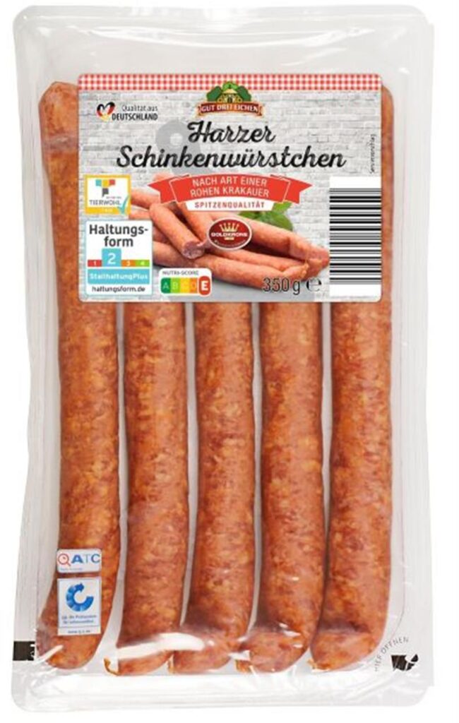 Eine Packung der Harzer Schinkenwürstchen von Aldi, die von einer Rückrufaktion betroffen sind. Eine Packung der Harzer Schinkenwürstchen von Aldi, die von einer Rückrufaktion betroffen sind.