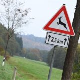Links ein Verkehrsschild, das vor Wildwechsel warnt, rechts Petra Bauernfeind-Beckmann, Vorsitzende der Kreisjägerschaft Hubertus Recklinghausen.