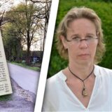 Ein alter Zeitungsartikel und eine Frau mit Brille. Es handelt sich um eine Montage.
