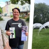 Bildkombo: links Sina Bürger, rechts Wiese mit Bierwagen im Parkbad Süd in Castrop-Rauxel.