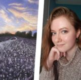 Eine Collage mit drei Bildern: Links ein Foto der Westruper Heide in Haltern, in der Mitte das abgemalte Bild und rechts ein Portrait der Künstlerin Yasmina Witta.