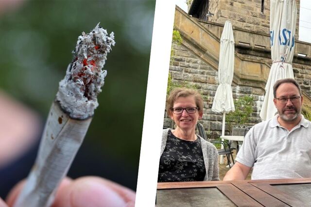 Das Bild zeigt eine Fotomontage. Auf der linken Hälfte ist ein glimmender Joint zu sehen, auf der rechten eine Frau und ein Mann in einem Biergarten.