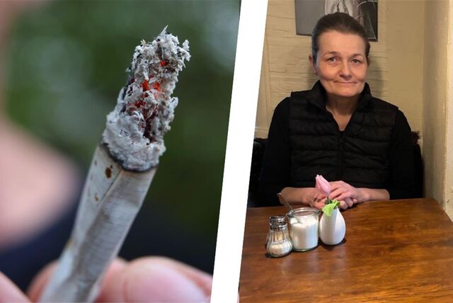 Das Bild zeigt eine Fotomontage. Links ist ein Joint zu sehen und rechts eine Frau.