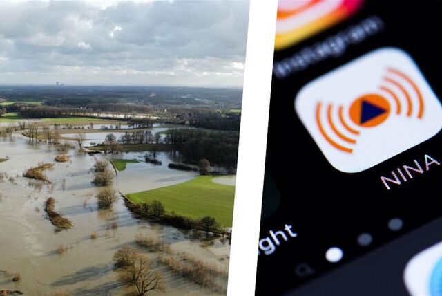 Montage zeigt Hochwasser in Datteln und das Icon der NINA-Warn-App