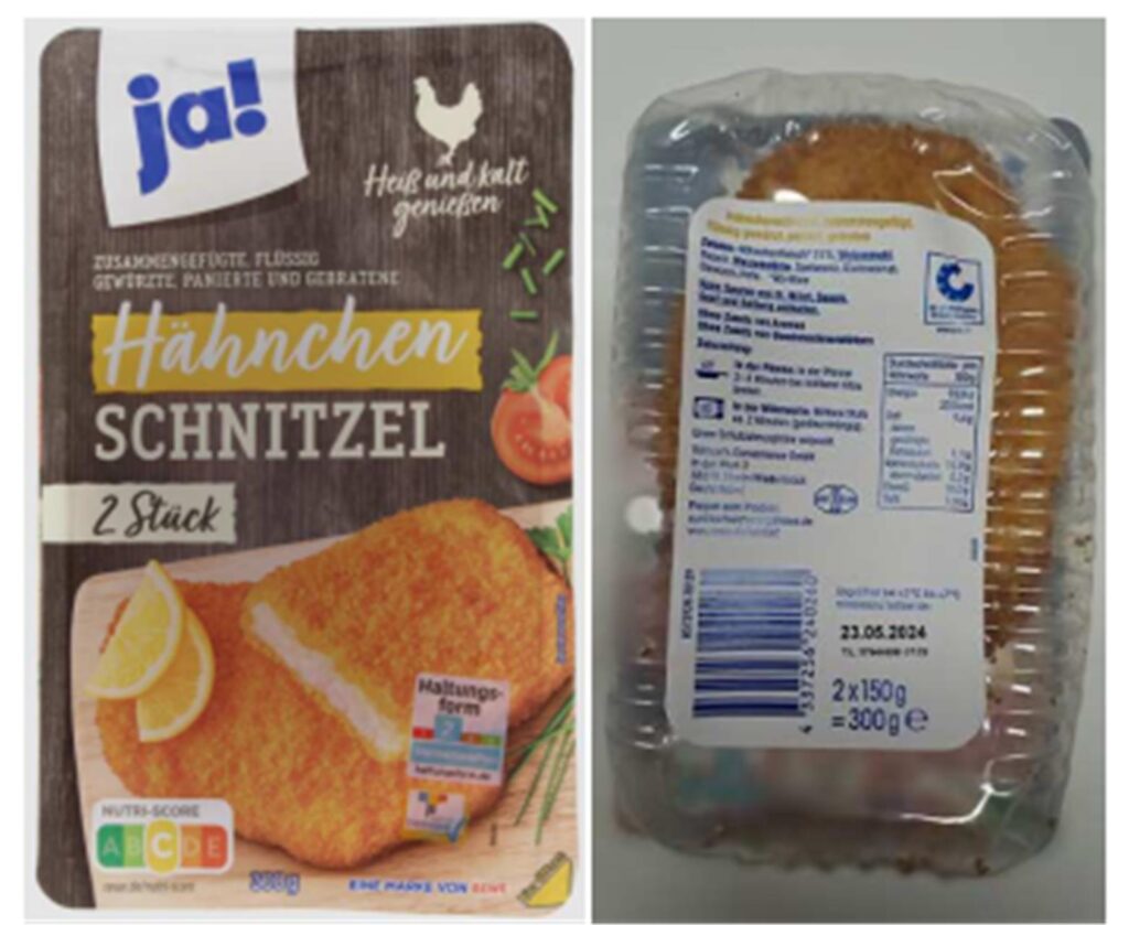Die Vorder- und Rückseite der Verpackung der Hähnchenschnitzel von Rewe, für die es eine Rückrufaktion gibt.