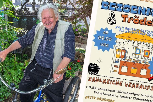 Karl Hölscher sitz auf einem Fahrrad. Neben ihm ist ein Plakat zu sehen. Es handelt sich um eine Montage.