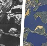 Collage aus historischen Luftbildern des Halterner Stausees