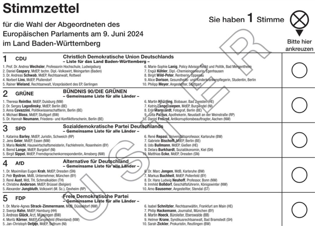 Ein Muster-Stimmzettel für die Europawahl 2024 in Baden-Württemberg.