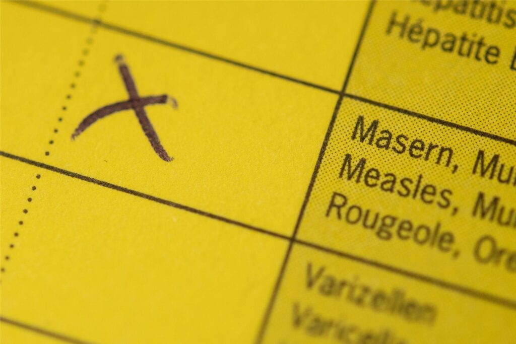 Detailansicht eines Impfpasses mit einem Kreuz bei der Masernimpfung