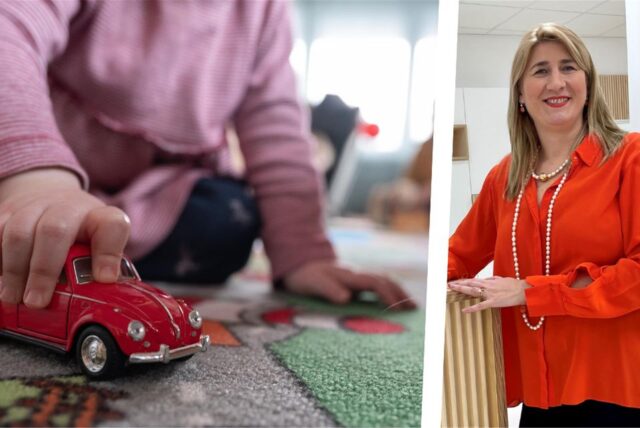 Die Montage zeigt ein spielendes Kind mit Auto und Carmen Greine, Fachbereichsleiterin Kinder, Jugend und Familie bei der Stadt Recklinghausen.