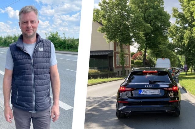 Eine Fotomontage: Links im Bild ist Markus Schumacher an der Blitzkuhlenstraße in Recklinghausen zu sehen, hier fährt er täglich mit dem Auto lang, wenn die Castroper Straße, wie rechts im Bild, mal wieder zu voll ist