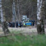 Polizeibeamte stehen mit mehreren Einsatzfahrzeugen nahe eines Tatortes in einem Wald.