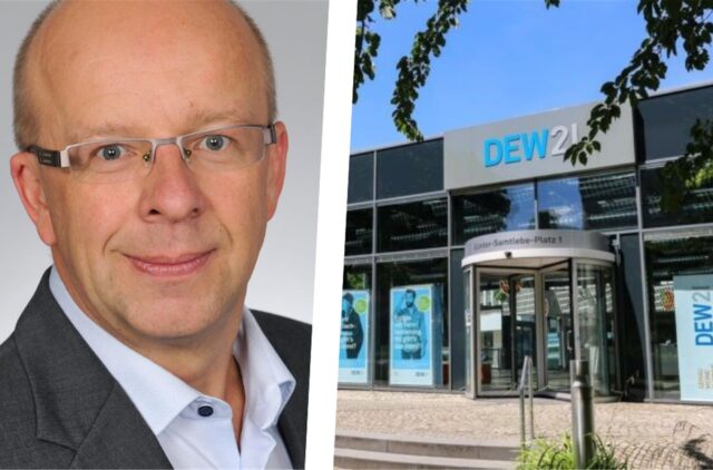 Eine Collage: Links ist Energiemakler Frank Schellmann zu sehen, rechts der Eingang zur DEW21-Zentrale in Dortmund.